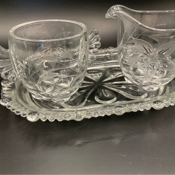 Paden City Crystal open sugar creamer underplate etch floral antique clear glass - Picture 2 of 6